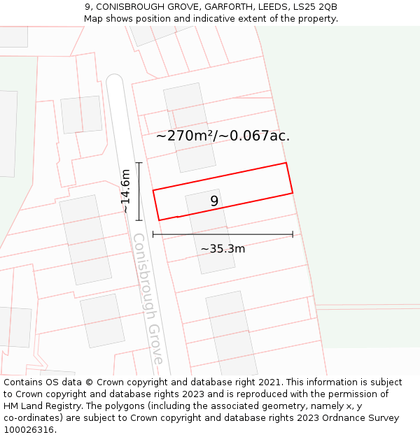 9, CONISBROUGH GROVE, GARFORTH, LEEDS, LS25 2QB: Plot and title map