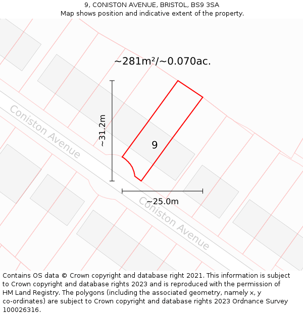 9, CONISTON AVENUE, BRISTOL, BS9 3SA: Plot and title map