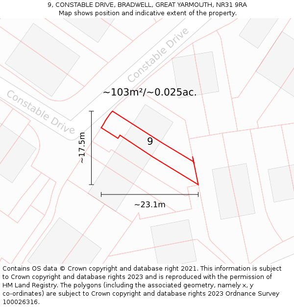 9, CONSTABLE DRIVE, BRADWELL, GREAT YARMOUTH, NR31 9RA: Plot and title map
