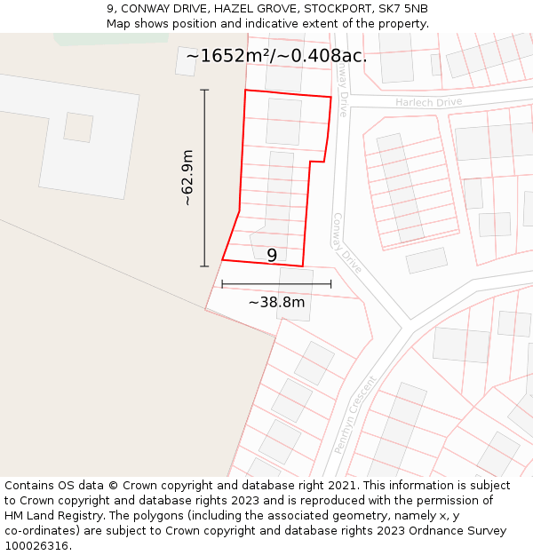 9, CONWAY DRIVE, HAZEL GROVE, STOCKPORT, SK7 5NB: Plot and title map