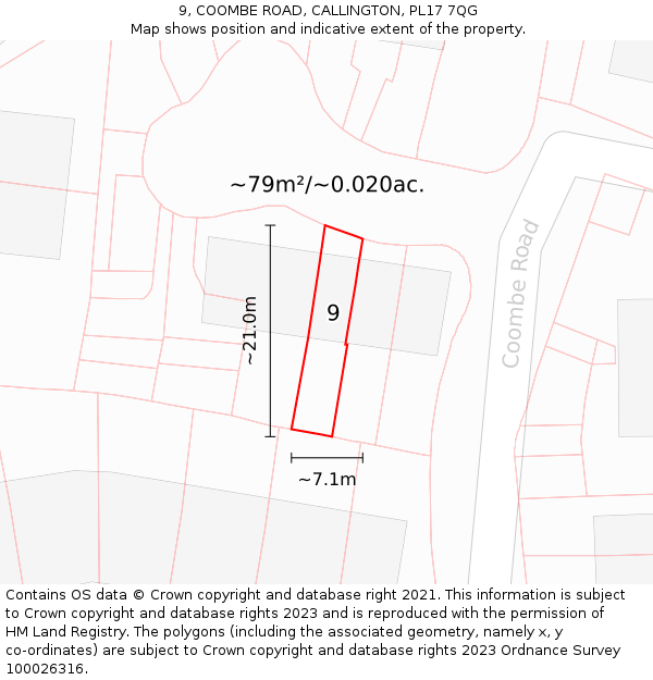 9, COOMBE ROAD, CALLINGTON, PL17 7QG: Plot and title map