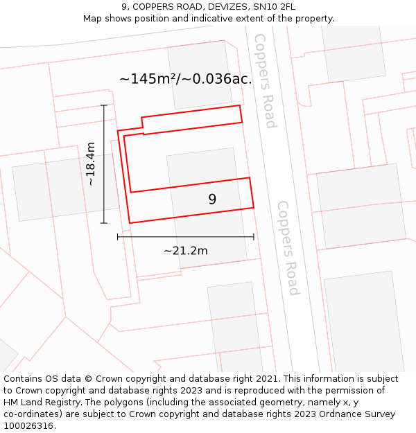 9, COPPERS ROAD, DEVIZES, SN10 2FL: Plot and title map