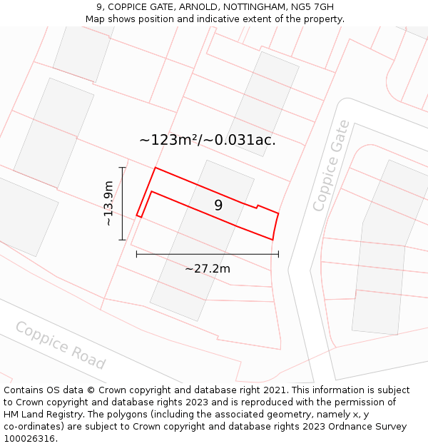9, COPPICE GATE, ARNOLD, NOTTINGHAM, NG5 7GH: Plot and title map