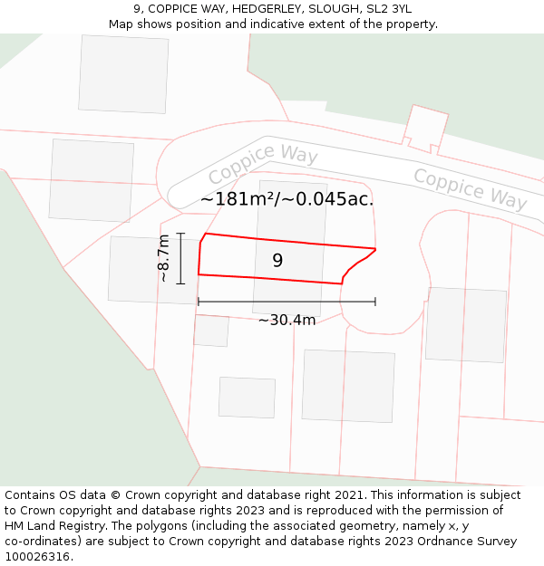 9, COPPICE WAY, HEDGERLEY, SLOUGH, SL2 3YL: Plot and title map