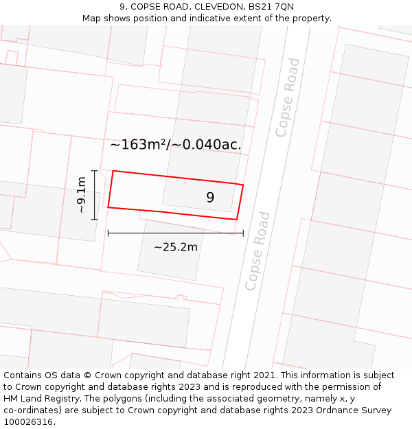 9, COPSE ROAD, CLEVEDON, BS21 7QN: Plot and title map