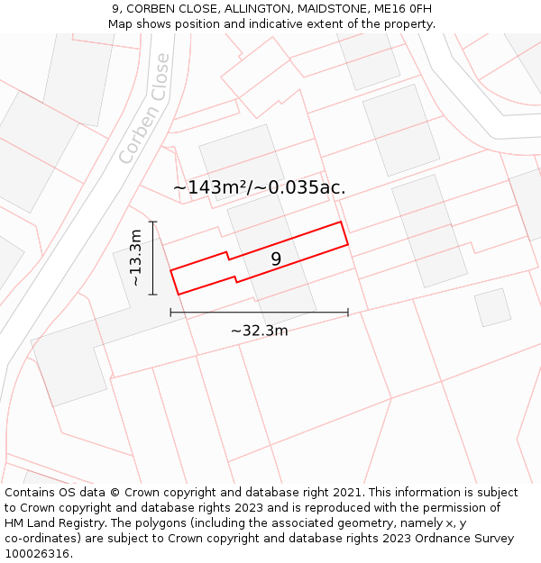 9, CORBEN CLOSE, ALLINGTON, MAIDSTONE, ME16 0FH: Plot and title map