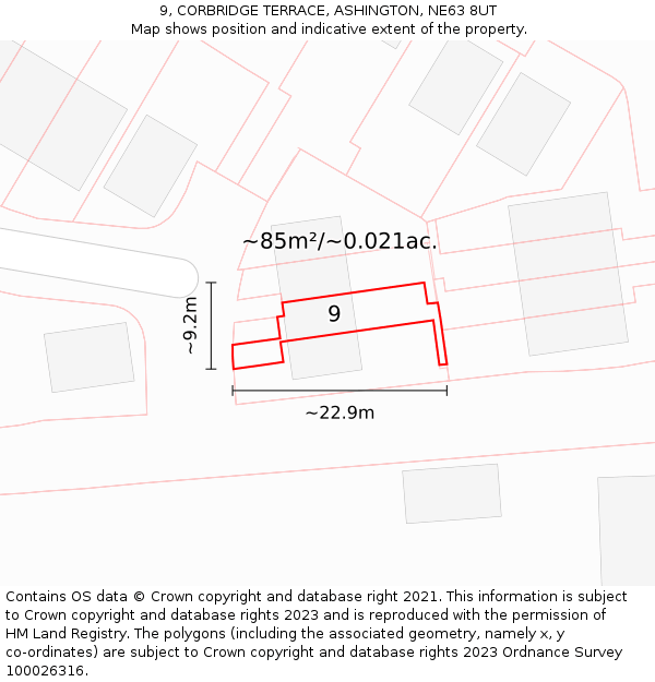 9, CORBRIDGE TERRACE, ASHINGTON, NE63 8UT: Plot and title map