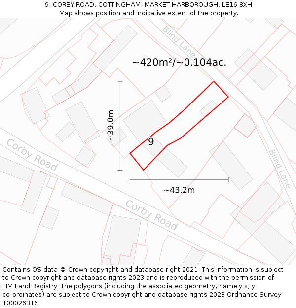 9, CORBY ROAD, COTTINGHAM, MARKET HARBOROUGH, LE16 8XH: Plot and title map