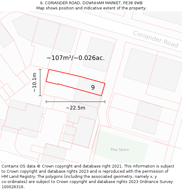 9, CORIANDER ROAD, DOWNHAM MARKET, PE38 9WB: Plot and title map
