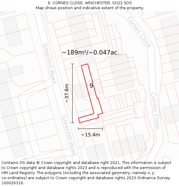 9, CORNES CLOSE, WINCHESTER, SO22 5DS: Plot and title map