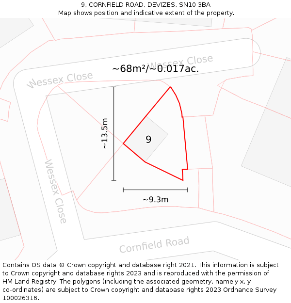 9, CORNFIELD ROAD, DEVIZES, SN10 3BA: Plot and title map