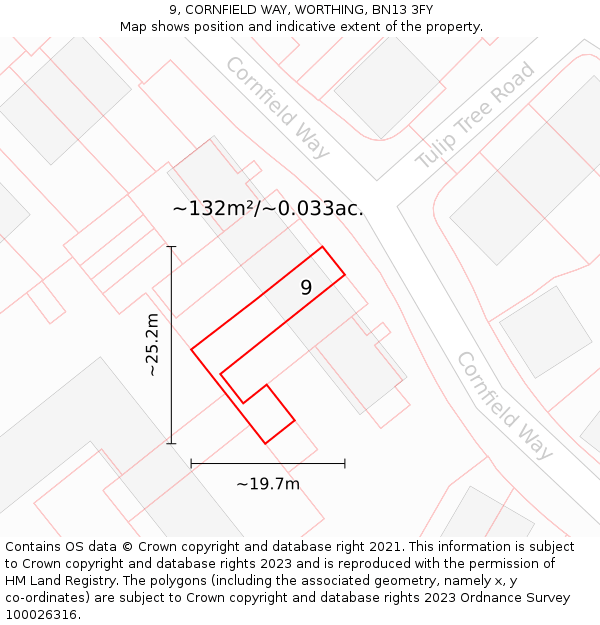 9, CORNFIELD WAY, WORTHING, BN13 3FY: Plot and title map