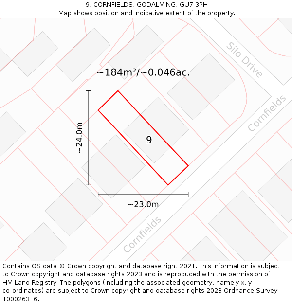 9, CORNFIELDS, GODALMING, GU7 3PH: Plot and title map
