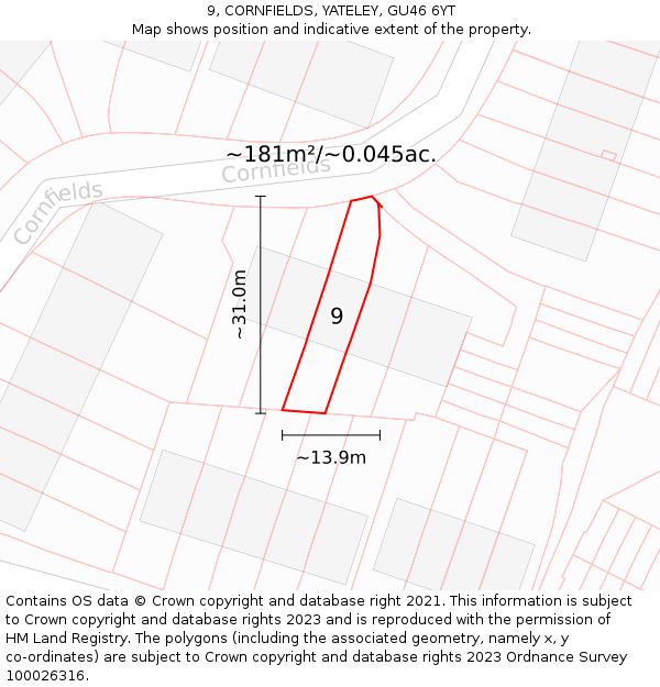 9, CORNFIELDS, YATELEY, GU46 6YT: Plot and title map