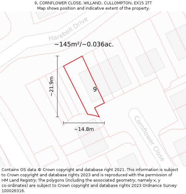 9, CORNFLOWER CLOSE, WILLAND, CULLOMPTON, EX15 2TT: Plot and title map