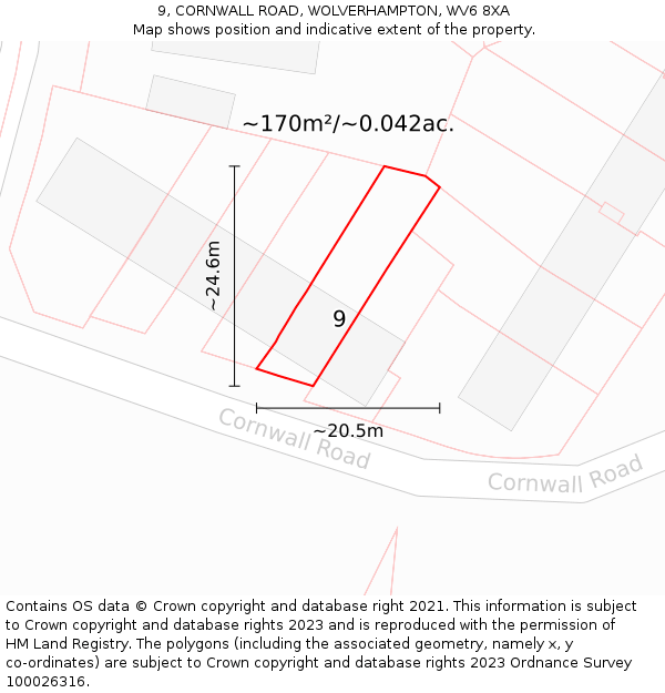 9, CORNWALL ROAD, WOLVERHAMPTON, WV6 8XA: Plot and title map