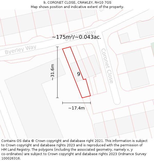 9, CORONET CLOSE, CRAWLEY, RH10 7GS: Plot and title map