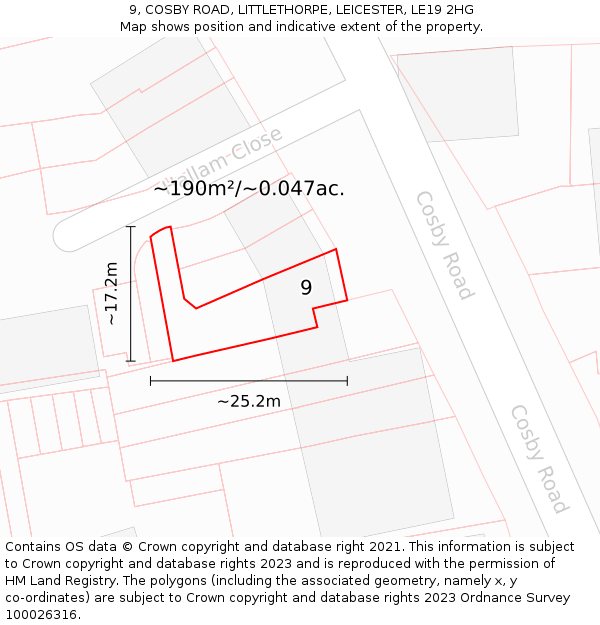9, COSBY ROAD, LITTLETHORPE, LEICESTER, LE19 2HG: Plot and title map