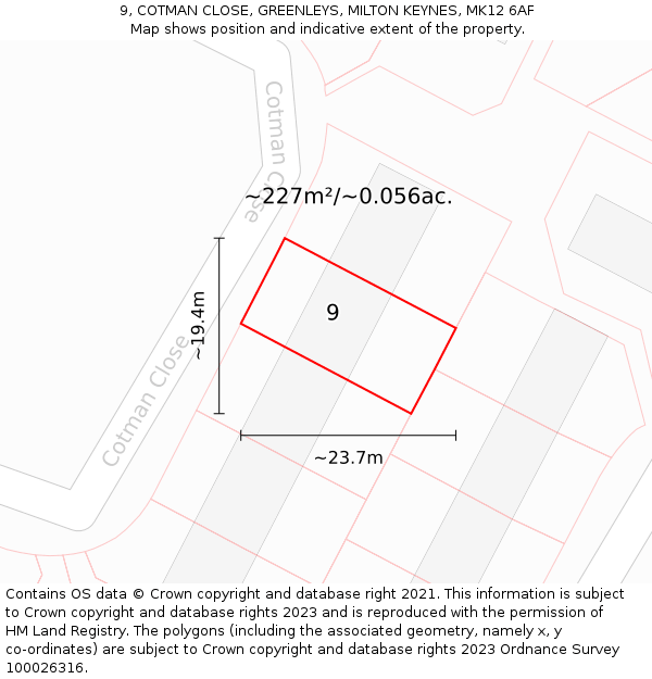 9, COTMAN CLOSE, GREENLEYS, MILTON KEYNES, MK12 6AF: Plot and title map