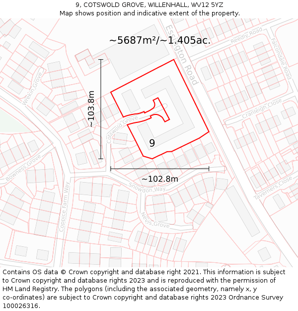 9, COTSWOLD GROVE, WILLENHALL, WV12 5YZ: Plot and title map