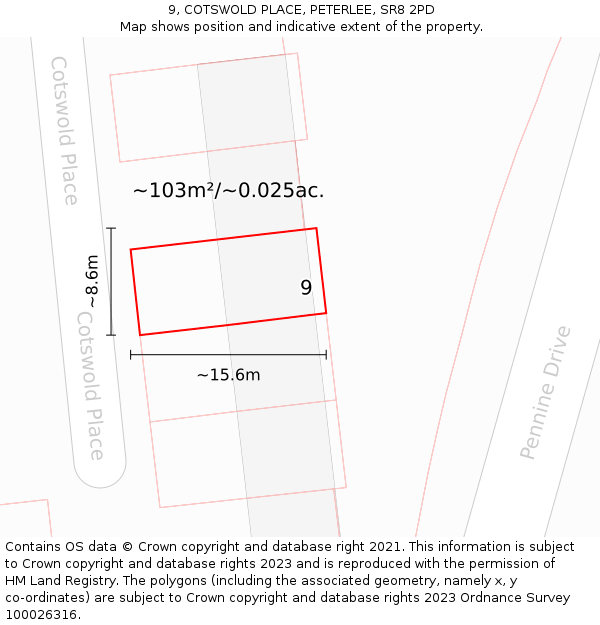 9, COTSWOLD PLACE, PETERLEE, SR8 2PD: Plot and title map