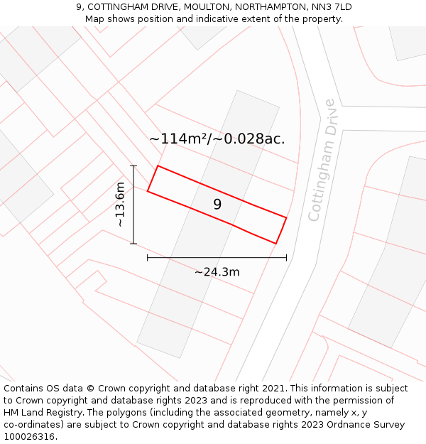 9, COTTINGHAM DRIVE, MOULTON, NORTHAMPTON, NN3 7LD: Plot and title map