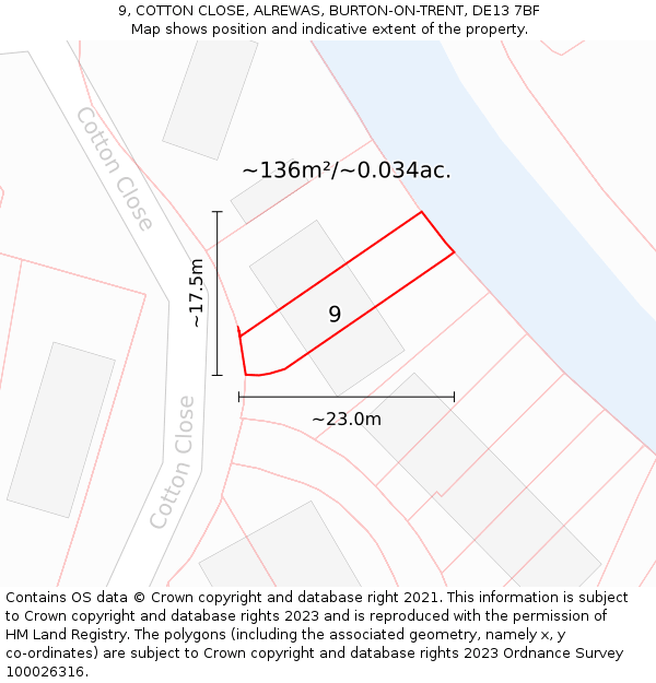 9, COTTON CLOSE, ALREWAS, BURTON-ON-TRENT, DE13 7BF: Plot and title map