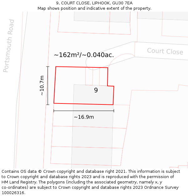 9, COURT CLOSE, LIPHOOK, GU30 7EA: Plot and title map