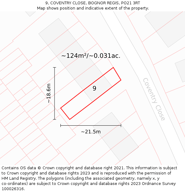 9, COVENTRY CLOSE, BOGNOR REGIS, PO21 3RT: Plot and title map