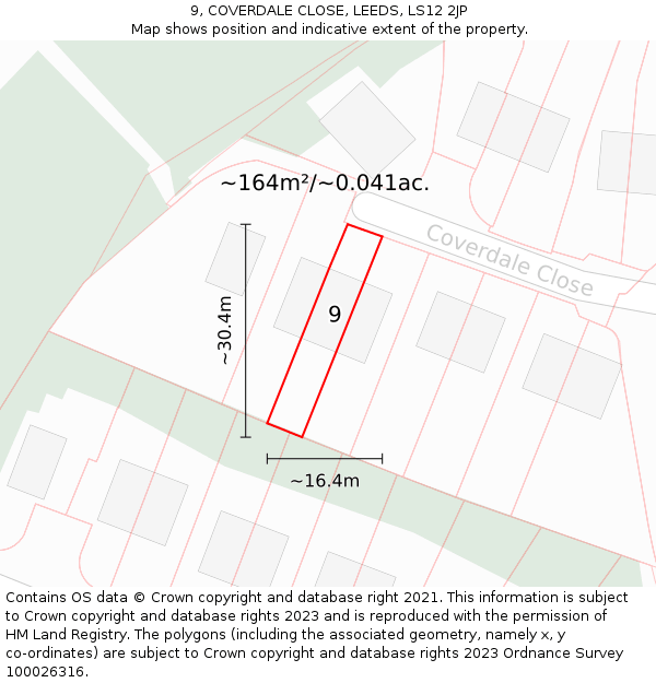 9, COVERDALE CLOSE, LEEDS, LS12 2JP: Plot and title map