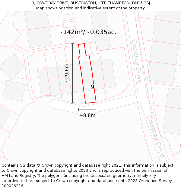 9, COWDRAY DRIVE, RUSTINGTON, LITTLEHAMPTON, BN16 3SJ: Plot and title map