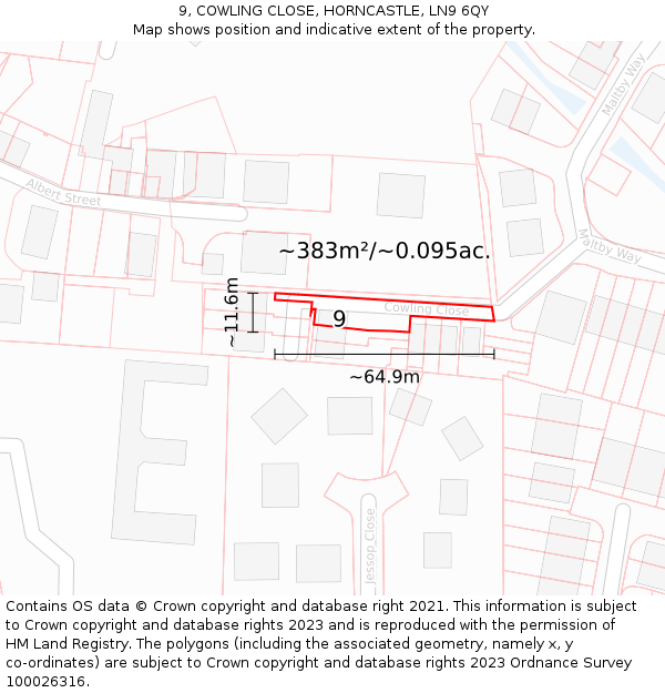 9, COWLING CLOSE, HORNCASTLE, LN9 6QY: Plot and title map