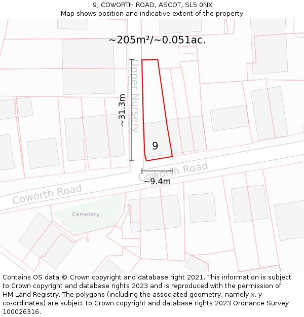 9, COWORTH ROAD, ASCOT, SL5 0NX: Plot and title map