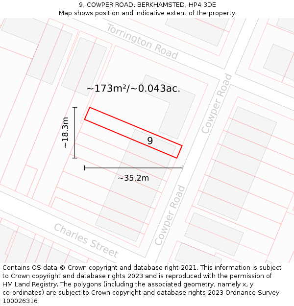 9, COWPER ROAD, BERKHAMSTED, HP4 3DE: Plot and title map
