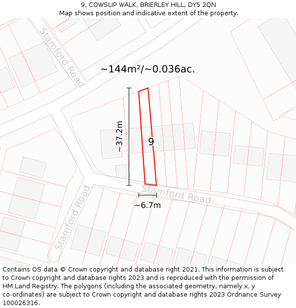 9, COWSLIP WALK, BRIERLEY HILL, DY5 2QN: Plot and title map