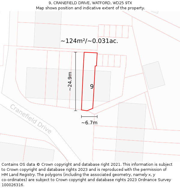 9, CRANEFIELD DRIVE, WATFORD, WD25 9TX: Plot and title map