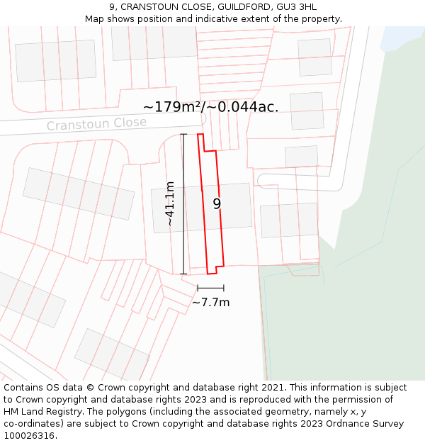 9, CRANSTOUN CLOSE, GUILDFORD, GU3 3HL: Plot and title map