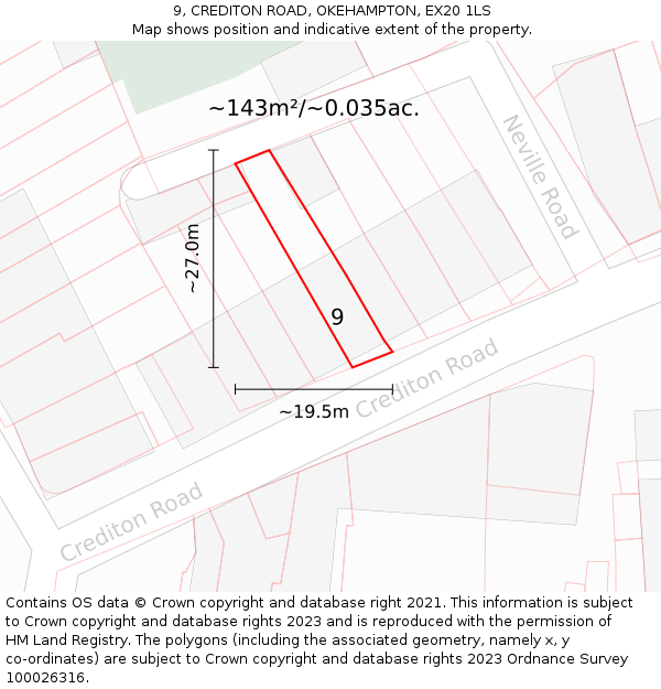 9, CREDITON ROAD, OKEHAMPTON, EX20 1LS: Plot and title map