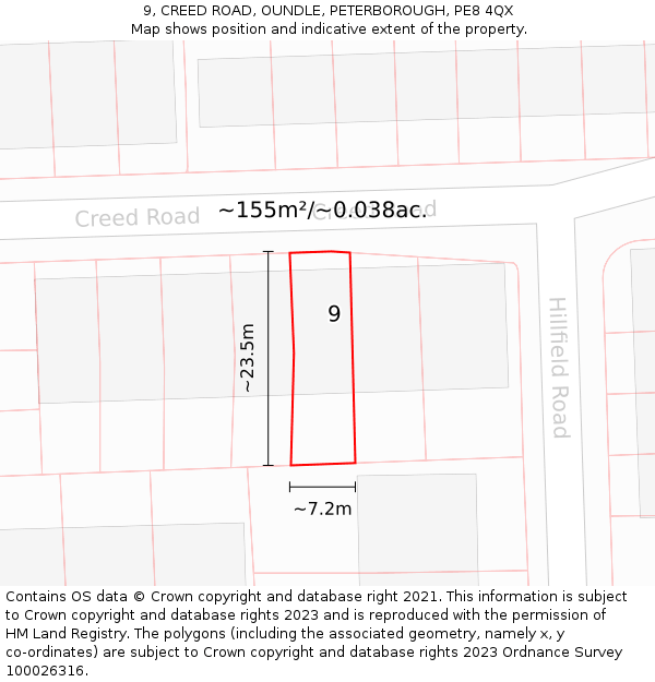 9, CREED ROAD, OUNDLE, PETERBOROUGH, PE8 4QX: Plot and title map