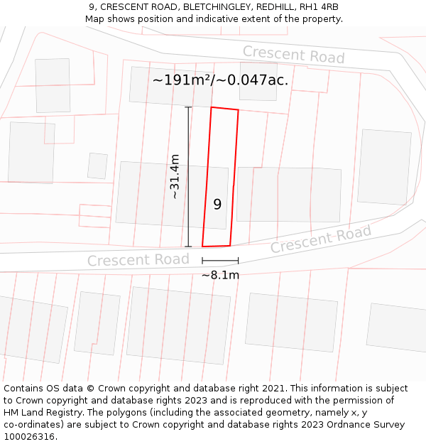 9, CRESCENT ROAD, BLETCHINGLEY, REDHILL, RH1 4RB: Plot and title map