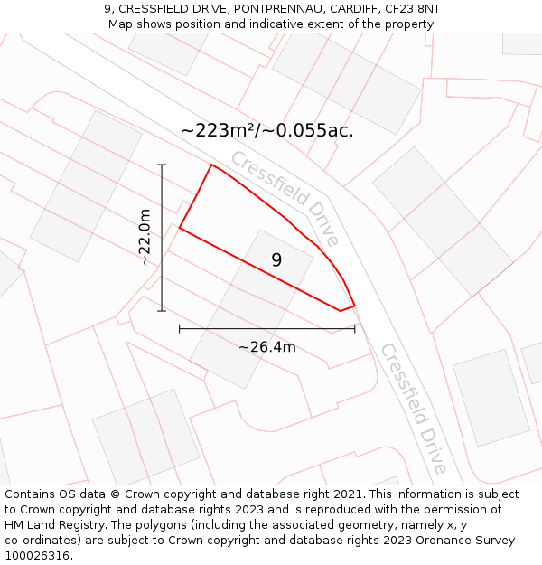 9, CRESSFIELD DRIVE, PONTPRENNAU, CARDIFF, CF23 8NT: Plot and title map