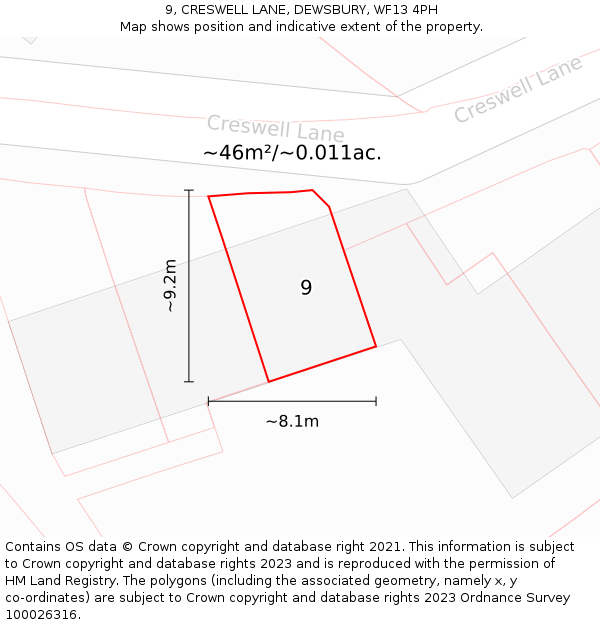 9, CRESWELL LANE, DEWSBURY, WF13 4PH: Plot and title map