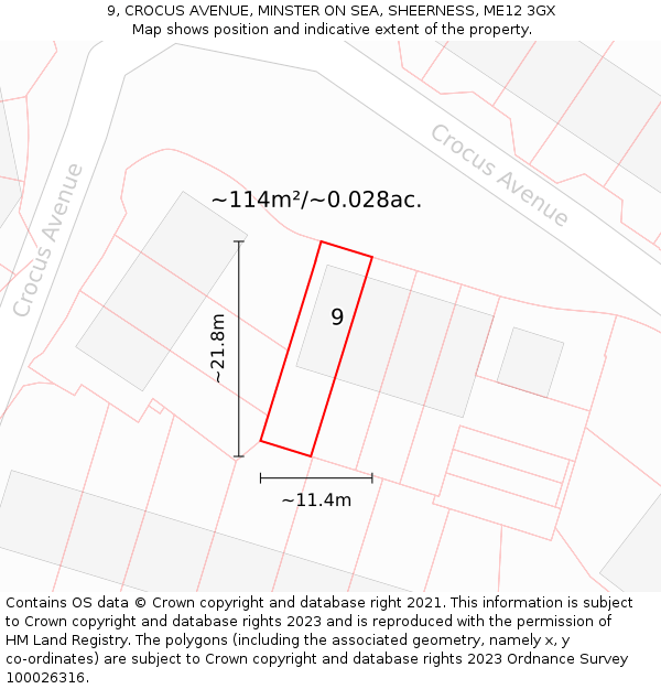 9, CROCUS AVENUE, MINSTER ON SEA, SHEERNESS, ME12 3GX: Plot and title map