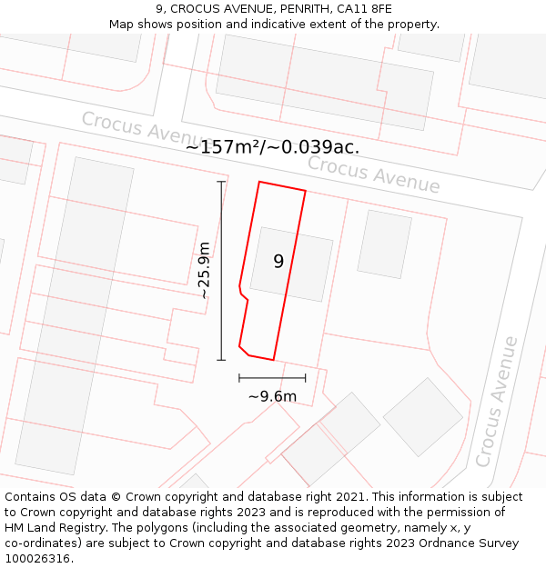 9, CROCUS AVENUE, PENRITH, CA11 8FE: Plot and title map