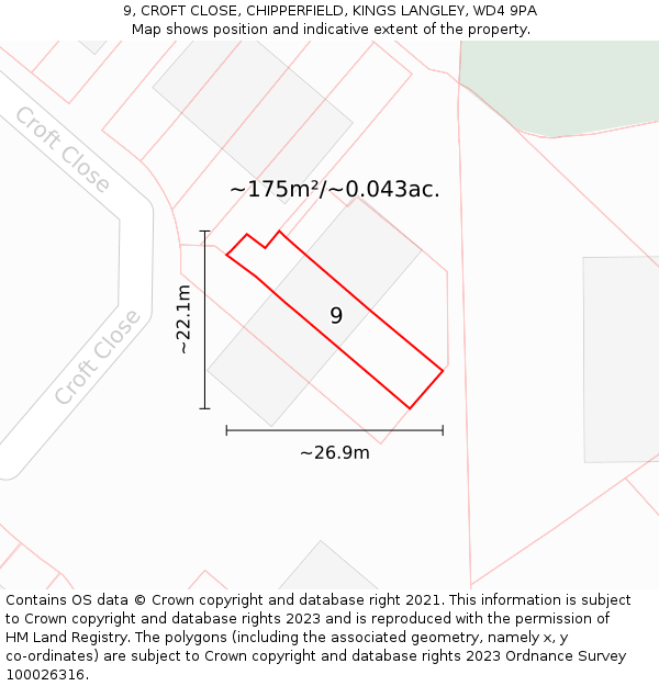 9, CROFT CLOSE, CHIPPERFIELD, KINGS LANGLEY, WD4 9PA: Plot and title map