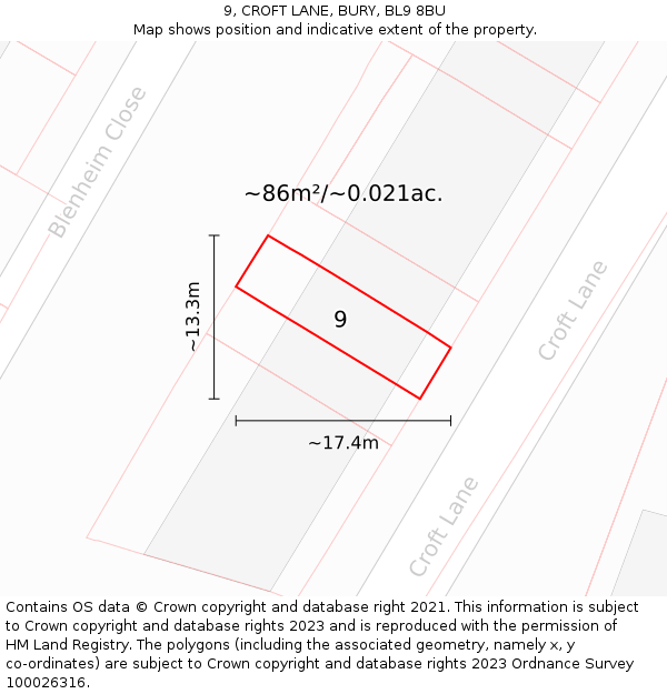 9, CROFT LANE, BURY, BL9 8BU: Plot and title map