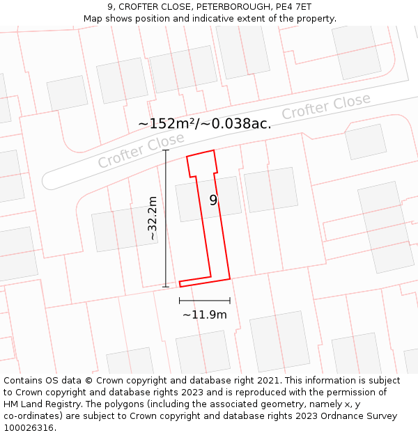 9, CROFTER CLOSE, PETERBOROUGH, PE4 7ET: Plot and title map