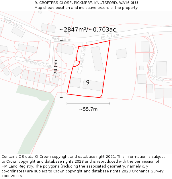 9, CROFTERS CLOSE, PICKMERE, KNUTSFORD, WA16 0LU: Plot and title map