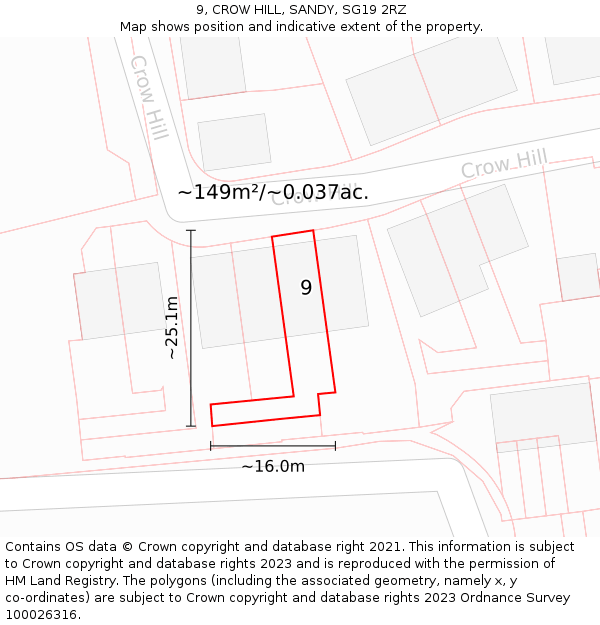 9, CROW HILL, SANDY, SG19 2RZ: Plot and title map