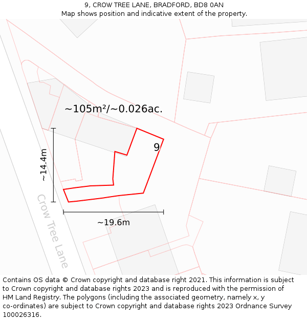 9, CROW TREE LANE, BRADFORD, BD8 0AN: Plot and title map
